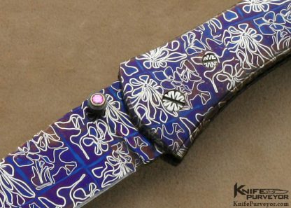 Joe Olson Custom Knives Sole Authorship Blued Mosaic Damascus Linerlock with Blacklip Tahitian Pearl Shell - Image 2