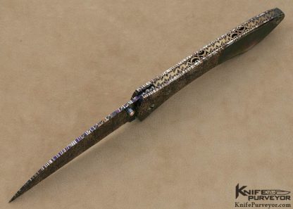 Joe Olson Custom Knives Sole Authorship Blued Mosaic Damascus Linerlock with Blacklip Tahitian Pearl Shell - Image 4