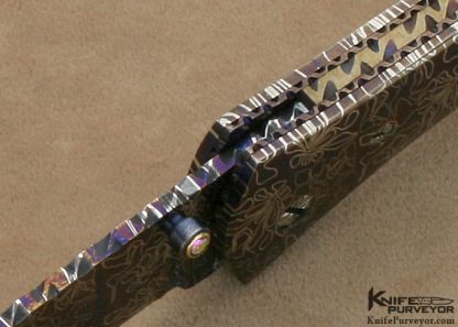 Joe Olson Custom Knives Sole Authorship Blued Mosaic Damascus Linerlock with Blacklip Tahitian Pearl Shell - Image 5