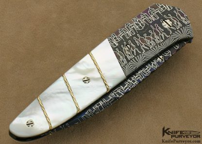 Joe Olson Custom Knives "City Lights" Sole Authorship Mosaic Damascus & Mother of Pearl with Braided 24Kt Gold Wire Linerlock - Image 3