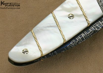 Joe Olson Custom Knives "City Lights" Sole Authorship Mosaic Damascus & Mother of Pearl with Braided 24Kt Gold Wire Linerlock - Image 6
