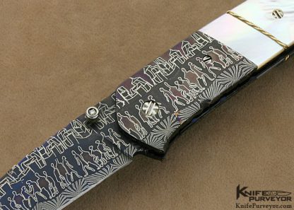 Joe Olson Custom Knives "City Lights" Sole Authorship Mosaic Damascus & Mother of Pearl with Braided 24Kt Gold Wire Linerlock - Image 2