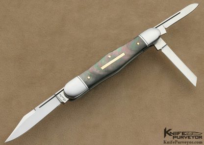 Joel Chamblin Custom Knife 3 Blade Black Lip Tahitian Pearl Swell Center Whittler with 14 Kt Gold Pins and Ractangle Escutcheon Slip Joint