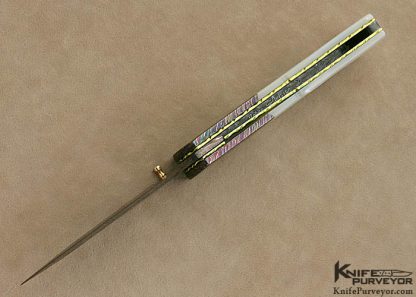 Johan Gustafsson Custom Knife Sole Authorship Colored Mosaic Damascus & Mother of Pearl Shell Linerlock Dagger - Image 5