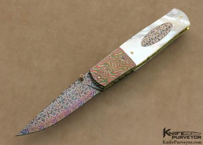 Johan Gustafsson Custom Knife Sole Authorship Colored Mosaic Damascus & Mother of Pearl Shell Linerlock Dagger