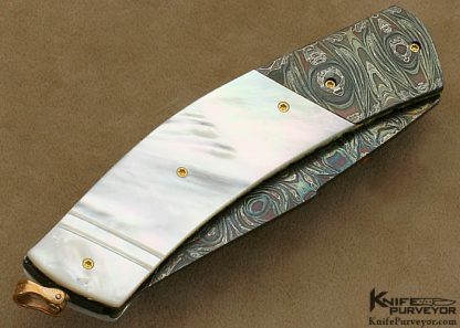 Johan Gustafsson Custom Knife Sole Authorship Multibar Composite Damascus & Mother of Pearl Shell Damascus Linerlock - Image 3