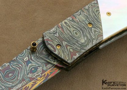 Johan Gustafsson Custom Knife Sole Authorship Multibar Composite Damascus & Mother of Pearl Shell Damascus Linerlock - Image 2
