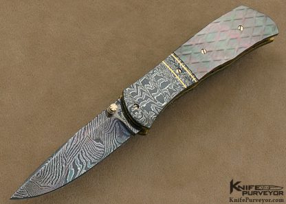 John W. Smith Custom Knife Sole Authorship Damascus & Checkered Black Lip Tahitian Pearl Shell Linerlock