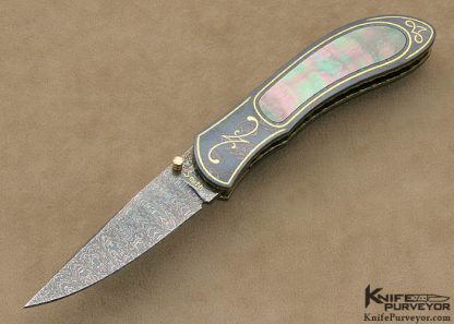 John W. Smith Custom Knife Black Lip Tahitian Pearl Shell Interframe Sole Authorship Damascus with 24Kt Gold Inlays Linerlock
