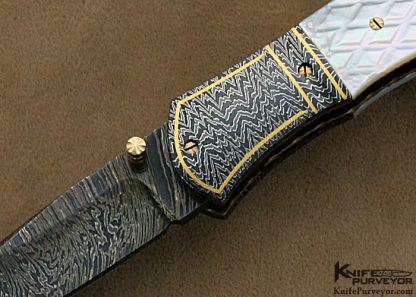 John W. Smith Custom Knives Sole Authorship Checkered Mother of Pearl & Damascus with 24Kt Gold Inlays Linerlock - Image 2