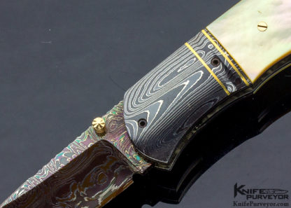 John W. Smith Custom Knife South Sea Gold Lip Pearl Shell & Blued Sole Authorship Damascus Linerlock - Image 3
