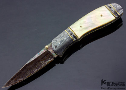 John W. Smith Custom Knife South Sea Gold Lip Pearl Shell & Blued Sole Authorship Damascus Linerlock