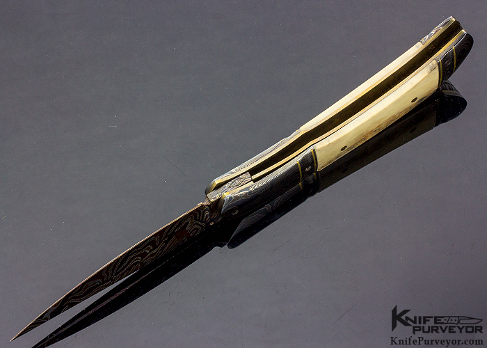 John W. Smith Custom Knife Blued Sole Authorship Damascus & Fossil Walrus Linerlock With 24 Kt Gold Inlays - Image 5