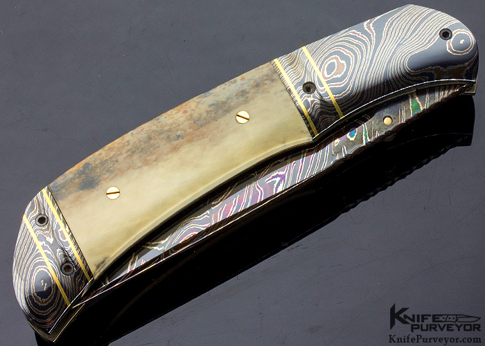 John W. Smith Custom Knife Blued Sole Authorship Damascus & Fossil Walrus Linerlock With 24 Kt Gold Inlays - Image 3