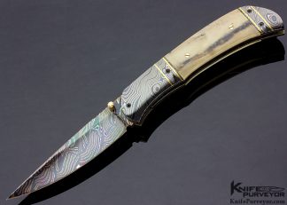 John W. Smith Custom Knife Blued Sole Authorship Damascus & Fossil Walrus Linerlock With 24 Kt Gold Inlays