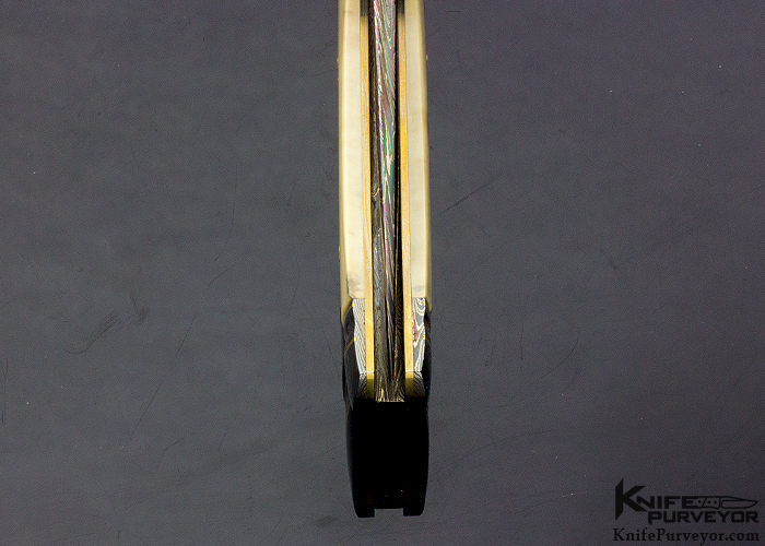 John W. Smith Custom Knife Blued Sole Authorship Damascus & Fossil Walrus Linerlock With 24 Kt Gold Inlays - Image 6