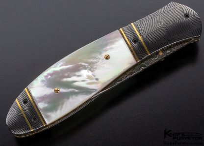 John W. Smith Custom Knife Blued Damascus and Mother of Pearl Linerlock with Basket Weave Damascus Bolsters - Image 5