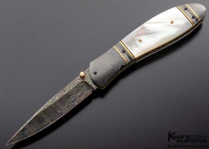 John W. Smith Custom Knife Blued Damascus and Mother of Pearl Linerlock with Basket Weave Damascus Bolsters