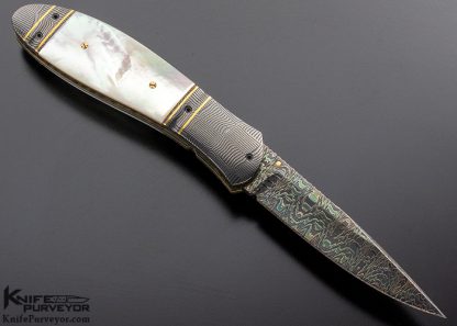 John W. Smith Custom Knife Blued Damascus and Mother of Pearl Linerlock with Basket Weave Damascus Bolsters - Image 3