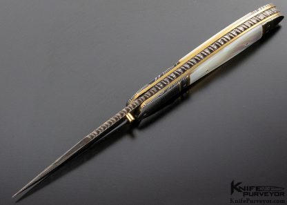 John W. Smith Custom Knife Blued Damascus and Mother of Pearl Linerlock with Basket Weave Damascus Bolsters - Image 6