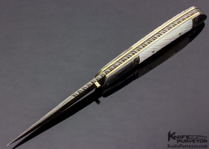John W. Smith Custom Knife Blued Damascus with Fluted Mother of Pearl Shell and Gold Spacers - Image 4