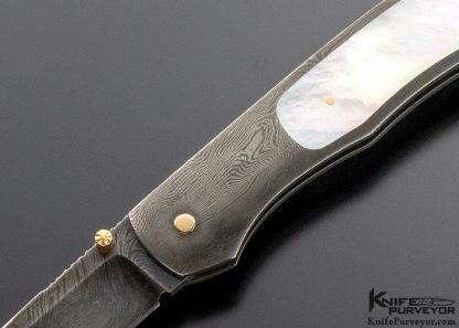 John W. Smith Custom Knife Sole Authorship Damascus and Mother of Pearl Lockback with 14Kt. Gold Pins - Image 2
