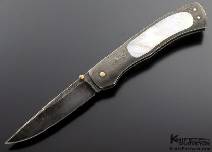 John W. Smith Custom Knife Sole Authorship Damascus and Mother of Pearl Lockback with 14Kt. Gold Pins