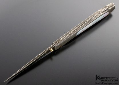 John W. Smith Custom Knife Sole Authorship Damascus and Mother of Pearl Lockback with 14Kt. Gold Pins - Image 4