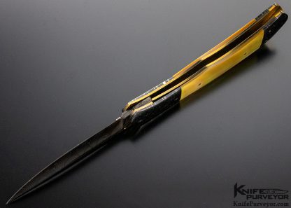 John W Smith Custom Knife Blued Damascus Blade and Bolsters Gold Lip Pearl Linerlock - Image 7