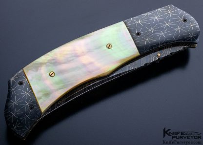 John W Smith Custom Knife Blued Damascus Blade and Bolsters Gold Lip Pearl Linerlock - Image 5