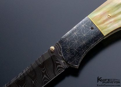 John W Smith Custom Knife Blued Damascus Blade and Bolsters Gold Lip Pearl Linerlock - Image 2