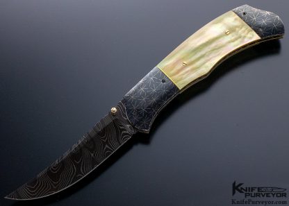 John W Smith Custom Knife Blued Damascus Blade and Bolsters Gold Lip Pearl Linerlock