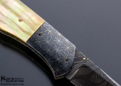 John W Smith Custom Knife Blued Damascus Blade and Bolsters Gold Lip Pearl Linerlock - Image 4
