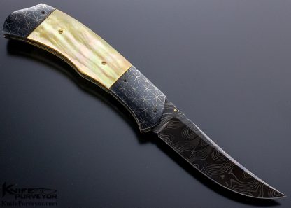 John W Smith Custom Knife Blued Damascus Blade and Bolsters Gold Lip Pearl Linerlock - Image 3