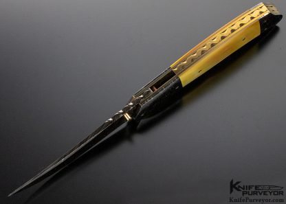 John W Smith Custom Knife Blued Damascus Blade and Bolsters Gold Lip Pearl Linerlock - Image 6