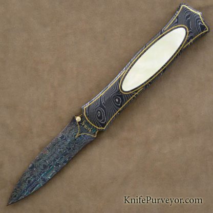 John W. Smith Custom Knife Goldlip Pearl Interframe Dagger with Sole Authorship Damascus and 24 Kt Gold Inlays