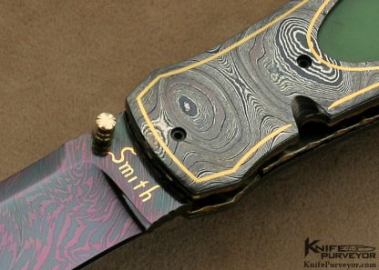 John W. Smith Custom Knife Sole Authorship Damascus & Green Apple Jade Linerlock Dagger - Image 2