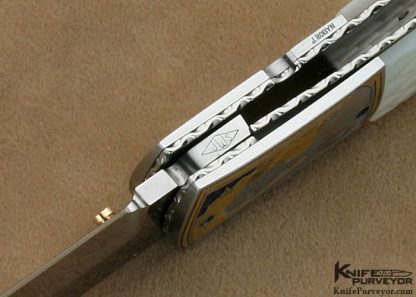 John W. Smith Custom Knife Checkered Mother of Pearl Shell Linerlock Dagger Engraved by Jon Robyn - Image 9
