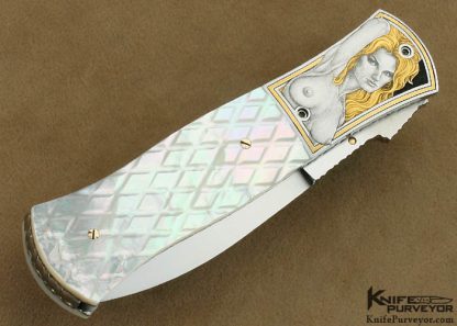 John W. Smith Custom Knife Checkered Mother of Pearl Shell Linerlock Dagger Engraved by Jon Robyn - Image 3
