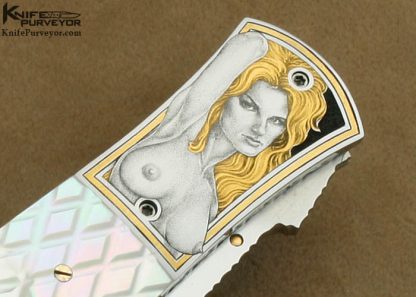 John W. Smith Custom Knife Checkered Mother of Pearl Shell Linerlock Dagger Engraved by Jon Robyn - Image 4