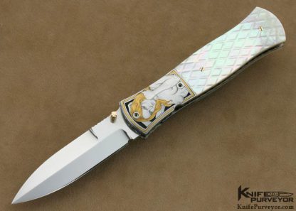 John W. Smith Custom Knife Checkered Mother of Pearl Shell Linerlock Dagger Engraved by Jon Robyn