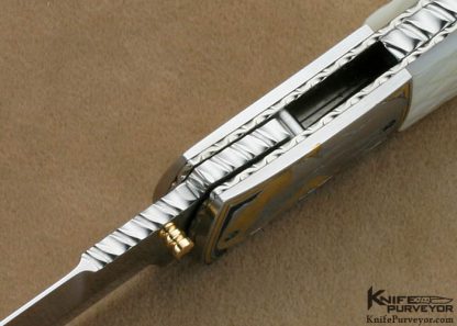 John W. Smith Custom Knife Checkered Mother of Pearl Shell Linerlock Dagger Engraved by Jon Robyn - Image 7
