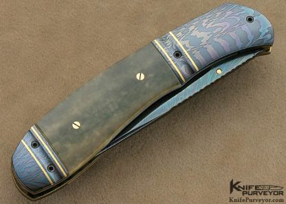 John W. Smith Custom Knife Fossilized Blued Sole Authorship Damascus Double Bolstered Linerlock - Image 3