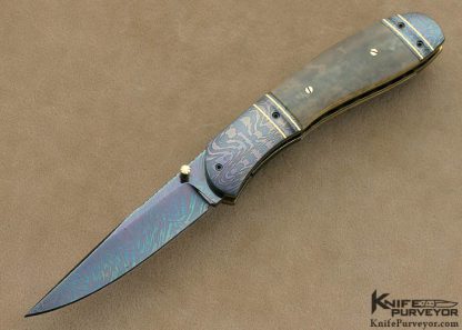 John W. Smith Custom Knife Fossilized Blued Sole Authorship Damascus Double Bolstered Linerlock