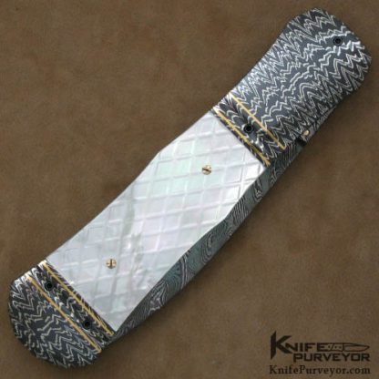 John W. Smith Custom Knife Sole Authorship Checkered Mother of Pearl & Damascus Liner Lock Dagger - Image 3