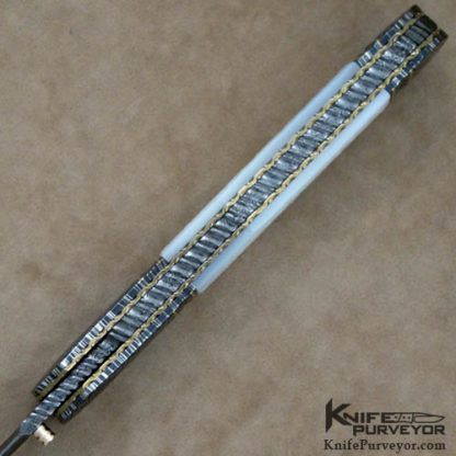 John W. Smith Custom Knife Sole Authorship Checkered Mother of Pearl & Damascus Liner Lock Dagger - Image 4