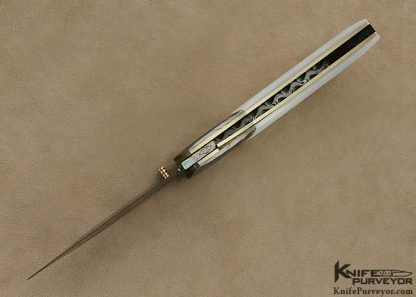 John W. Smith Custom Knife Blued Sole Authorship Damascus with 24Kt Gold Inlays & Fluted Mother of Pearl Shell Linerlock - Image 6