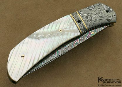 John W. Smith Custom Knife Blued Sole Authorship Damascus with 24Kt Gold Inlays & Fluted Mother of Pearl Shell Linerlock - Image 3