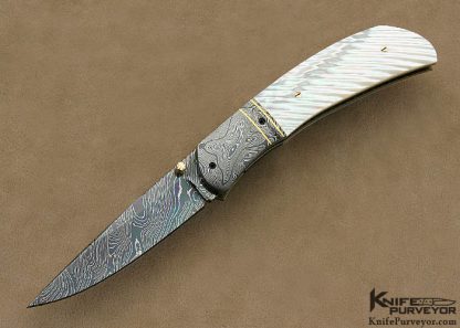 John W. Smith Custom Knife Blued Sole Authorship Damascus with 24Kt Gold Inlays & Fluted Mother of Pearl Shell Linerlock