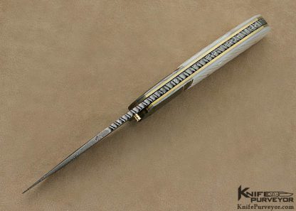 John W. Smith Custom Knife Blued Sole Authorship Damascus with 24Kt Gold Inlays & Fluted Mother of Pearl Shell Linerlock - Image 5